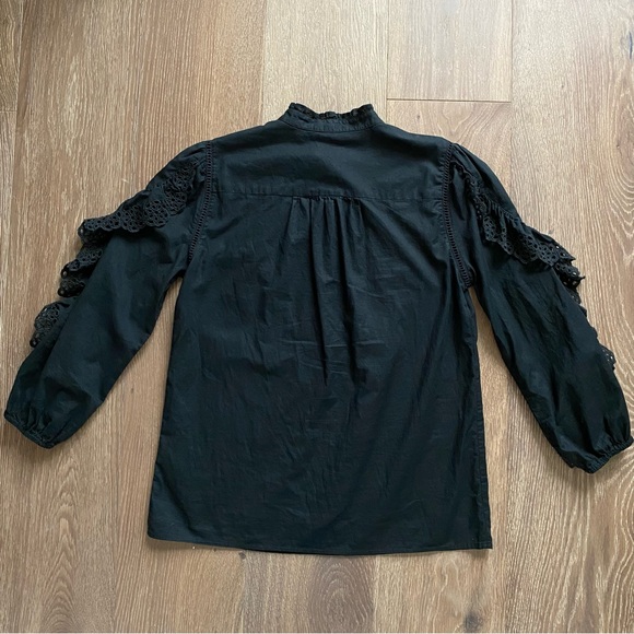 J. Crew Ruffle Sleeve Top Blouse Embroidered Eyelet Black Button Down - Picture 7 of 15